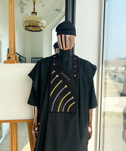 A Charcoal black, a thrown javelin metallic wire embroidery details agbada, 3/4 sleeve kaftan & sokoto