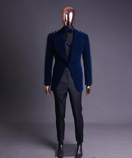 A Midnight Blue, soaked velvet fabric, knitted, wide peak lapel tuxedo suit