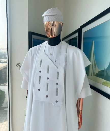 A White, Layered Dropping Swarovski Pleats, Dotted Metallic Wire Embroidery Details Agbada