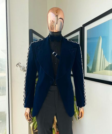 A Midnight Blue, soaked velvet fabric, knitted, wide peak lapel tuxedo suit
