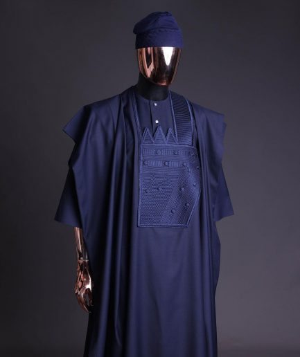 A Navy blue, triple v, squared 7 monochrome embroidery details Agbada