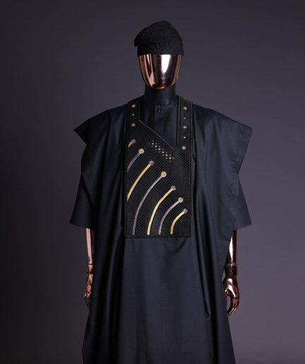 A Charcoal black, a thrown javelin metallic wire embroidery details agbada, 3/4 sleeve kaftan & sokoto