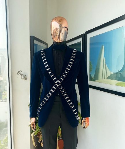 An “X” Midnight Blue, soaked velvet fabric, knitted, wide peak lapel tuxedo suit