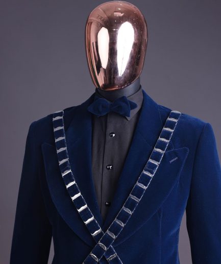 An “X” Midnight Blue, soaked velvet fabric, knitted, wide peak lapel tuxedo suit
