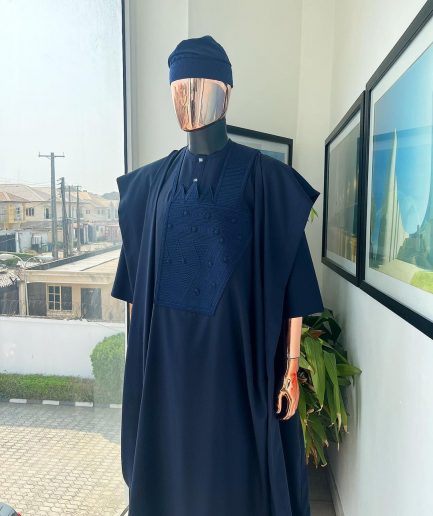 A Navy blue, triple v, squared 7 monochrome embroidery details Agbada