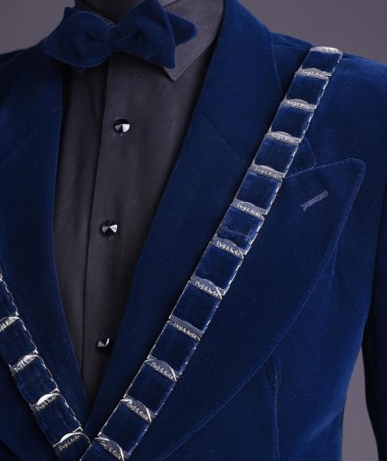 An “X” Midnight Blue, soaked velvet fabric, knitted, wide peak lapel tuxedo suit