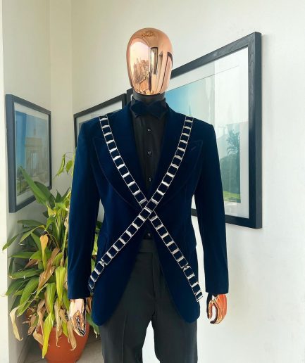 An “X” Midnight Blue, soaked velvet fabric, knitted, wide peak lapel tuxedo suit