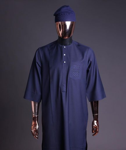 A Navy Blue, v and square shaped pocket with net embroidery details, 3/4 sleeve African senator Kaftan native.
