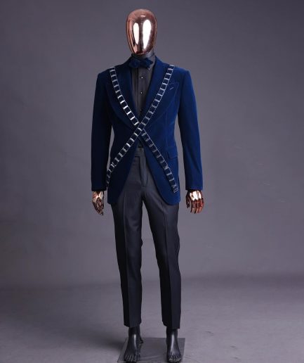 An “X” Midnight Blue, soaked velvet fabric, knitted, wide peak lapel tuxedo suit