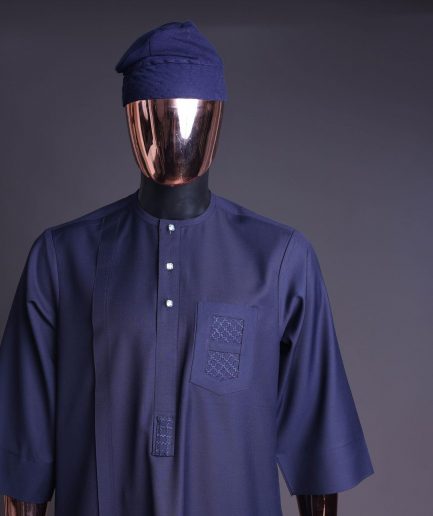 A Navy Blue, v and square shaped pocket with net embroidery details, 3/4 sleeve African senator Kaftan native.