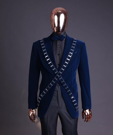 An “X” Midnight Blue, soaked velvet fabric, knitted, wide peak lapel tuxedo suit