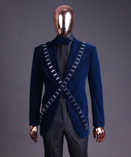 An “X” Midnight Blue, soaked velvet fabric, knitted, wide peak lapel tuxedo suit