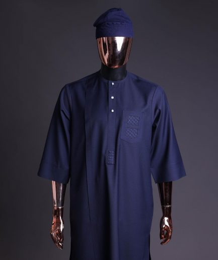 A Navy Blue, v and square shaped pocket with net embroidery details, 3/4 sleeve African senator Kaftan native.