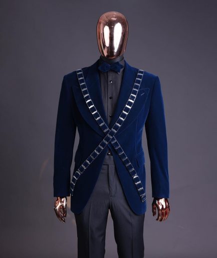 An “X” Midnight Blue, soaked velvet fabric, knitted, wide peak lapel tuxedo suit