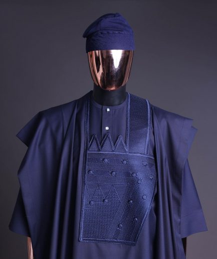 A Navy blue, triple v, squared 7 monochrome embroidery details Agbada