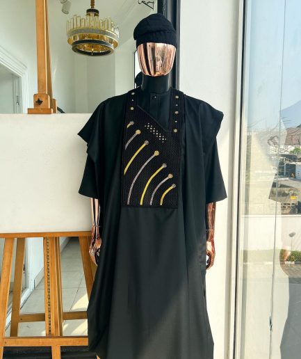 A Charcoal black, a thrown javelin metallic wire embroidery details agbada, 3/4 sleeve kaftan & sokoto