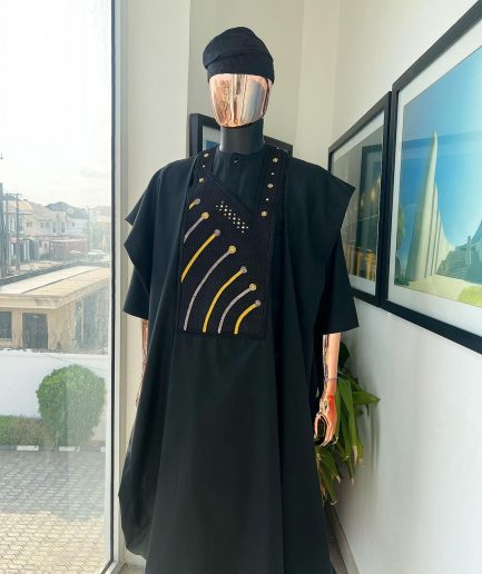 A Charcoal black, a thrown javelin metallic wire embroidery details agbada, 3/4 sleeve kaftan & sokoto