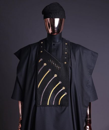 A Charcoal black, a thrown javelin metallic wire embroidery details agbada, 3/4 sleeve kaftan & sokoto