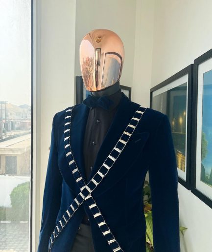 An “X” Midnight Blue, soaked velvet fabric, knitted, wide peak lapel tuxedo suit