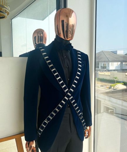 An “X” Midnight Blue, soaked velvet fabric, knitted, wide peak lapel tuxedo suit
