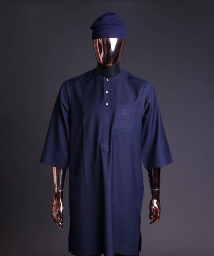A Navy blue, triple v, squared 7 monochrome embroidery details Agbada