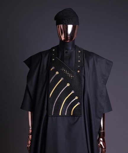 A Charcoal black, a thrown javelin metallic wire embroidery details agbada, 3/4 sleeve kaftan & sokoto