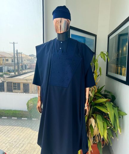 A Navy blue, triple v, squared 7 monochrome embroidery details Agbada