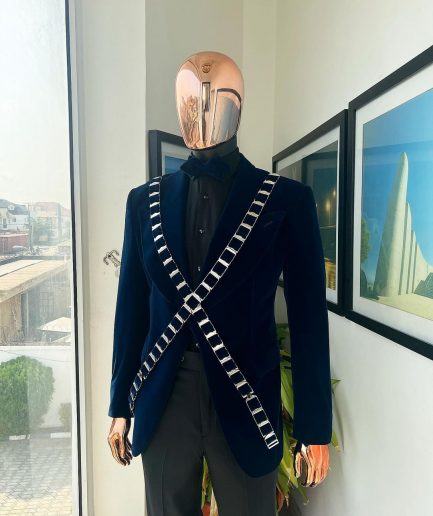 An “X” Midnight Blue, soaked velvet fabric, knitted, wide peak lapel tuxedo suit