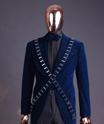 An “X” Midnight Blue, soaked velvet fabric, knitted, wide peak lapel tuxedo suit