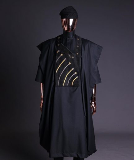 A Charcoal black, a thrown javelin metallic wire embroidery details agbada, 3/4 sleeve kaftan & sokoto
