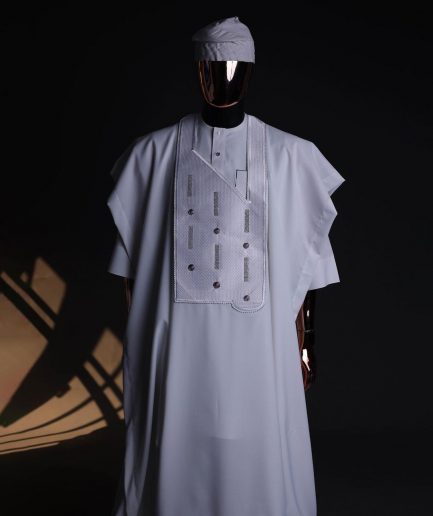 A White, Layered Dropping Swarovski Pleats, Dotted Metallic Wire Embroidery Details Agbada