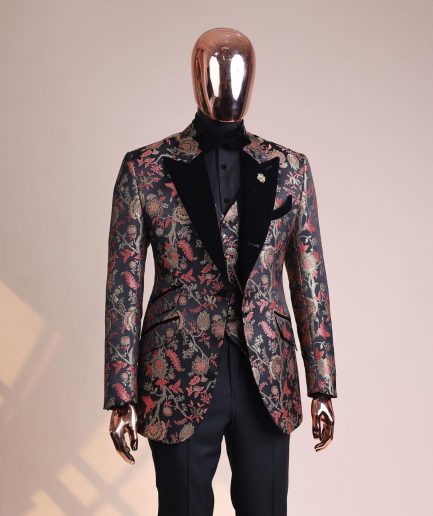 A Gold, peach and black mix metallic jacquard, peak lapel tuxedo suit