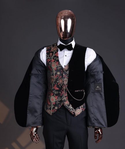 A Gold, peach & black mix metallic jacquard, peak lapel tuxedo suit