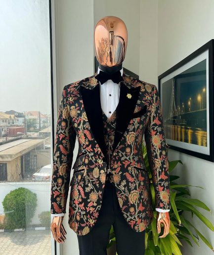 A Gold, peach & black mix metallic jacquard, peak lapel tuxedo suit