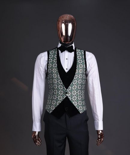 A Pine, pistachio green and black mix metallic jacquard, peak lapel tuxedo suit
