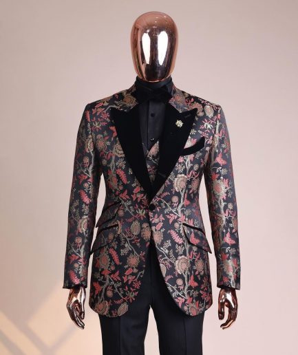 A Gold, peach and black mix metallic jacquard, peak lapel tuxedo suit