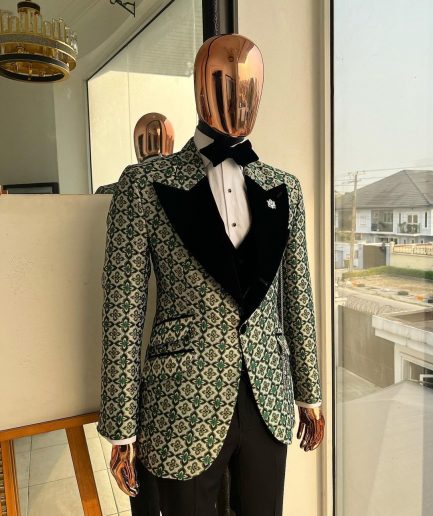 A Pine, pistachio green and black mix metallic jacquard, peak lapel tuxedo suit