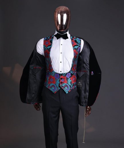 A Tomato Red,fern green, purple and black mix metallic jacquard, shawl lapel tuxedo suit