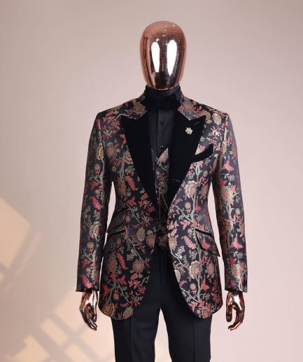 A Gold, peach and black mix metallic jacquard, peak lapel tuxedo suit