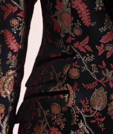 A Gold, peach and black mix metallic jacquard, peak lapel tuxedo suit
