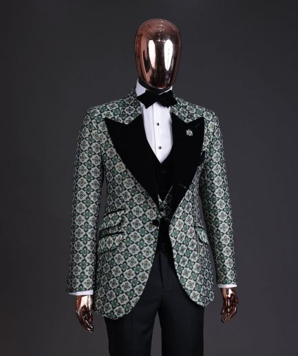 A Pine, pistachio green and black mix metallic jacquard, peak lapel tuxedo suit
