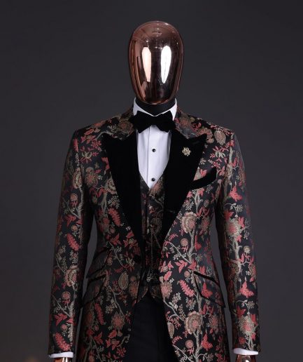 A Gold, peach & black mix metallic jacquard, peak lapel tuxedo suit