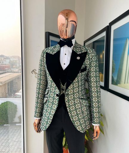 A Pine, pistachio green and black mix metallic jacquard, peak lapel tuxedo suit