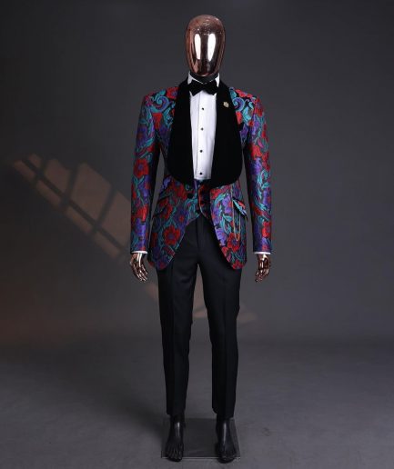 A Tomato Red,fern green, purple and black mix metallic jacquard, shawl lapel tuxedo suit