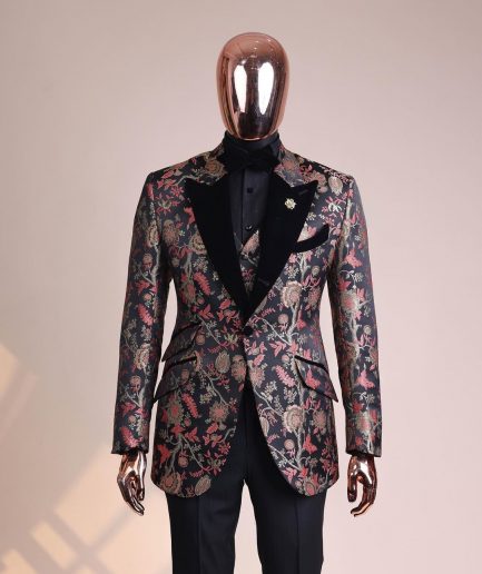 A Gold, peach and black mix metallic jacquard, peak lapel tuxedo suit