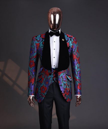 A Tomato Red,fern green, purple and black mix metallic jacquard, shawl lapel tuxedo suit