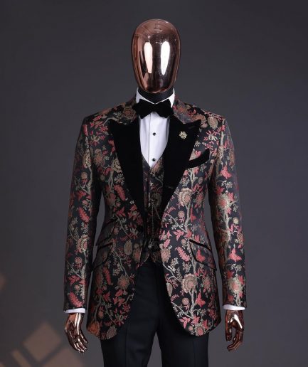 A Gold, peach & black mix metallic jacquard, peak lapel tuxedo suit