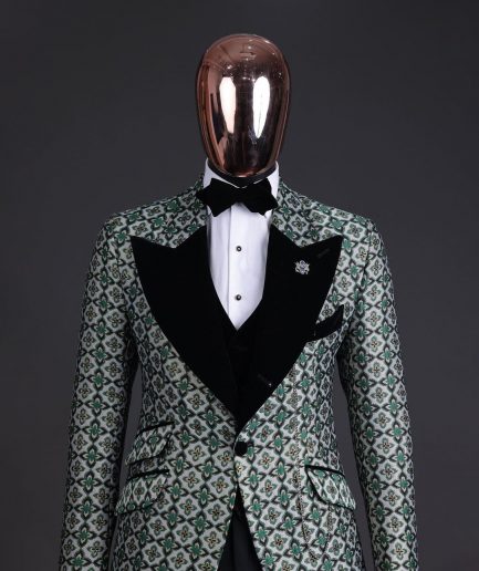 A Pine, pistachio green and black mix metallic jacquard, peak lapel tuxedo suit