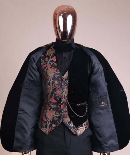 A Gold, peach and black mix metallic jacquard, peak lapel tuxedo suit