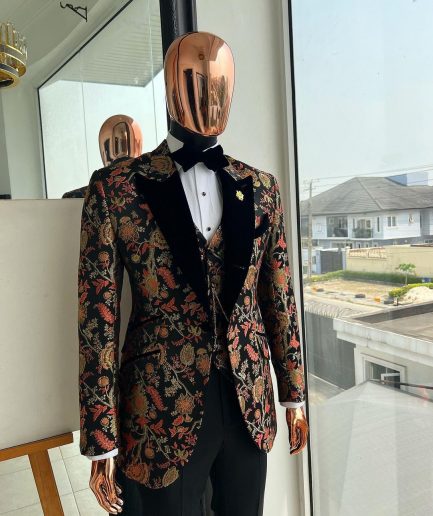 A Gold, peach & black mix metallic jacquard, peak lapel tuxedo suit